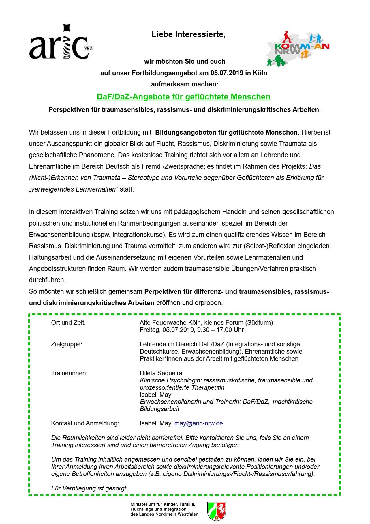 Veranstaltungsflyer Fortbildungsangebot am 05.07.2019 in Köln, DaF/DaZ-Angebote für geflüchtete Menschen – Perspektiven für traumasensibles, rassismus- und diskriminierungskritisches Arbeiten –